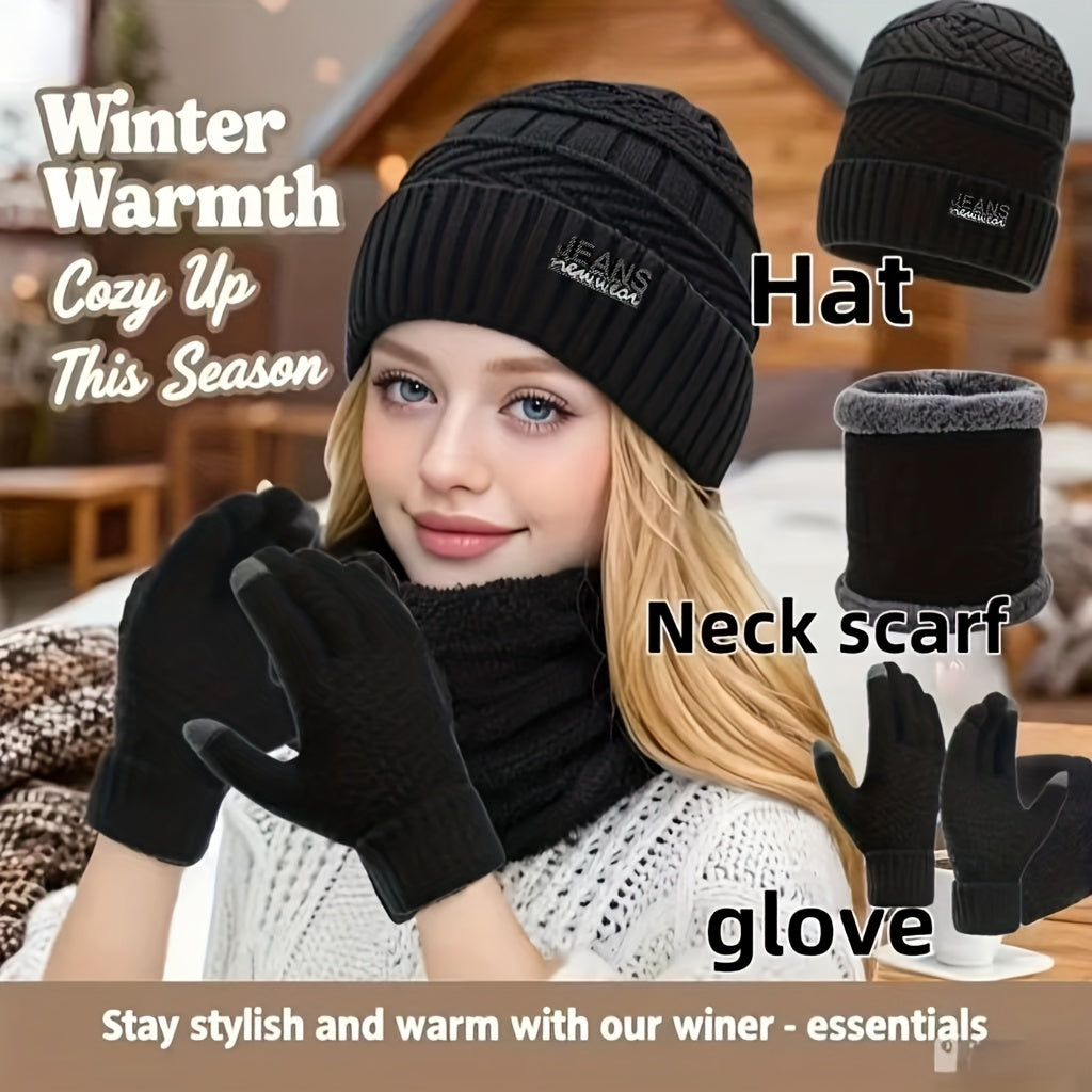 3pcs Women's Winter Warmth Set - Full Face & Neck Coverage Thermal Outfit with Hat, Neck Warmer & Gloves - Open/Closeable Design, Fleece Lining & Ribbed Texture - Skiing, Cycling, Outdoor Activities - Hand Washable - Black/Gr