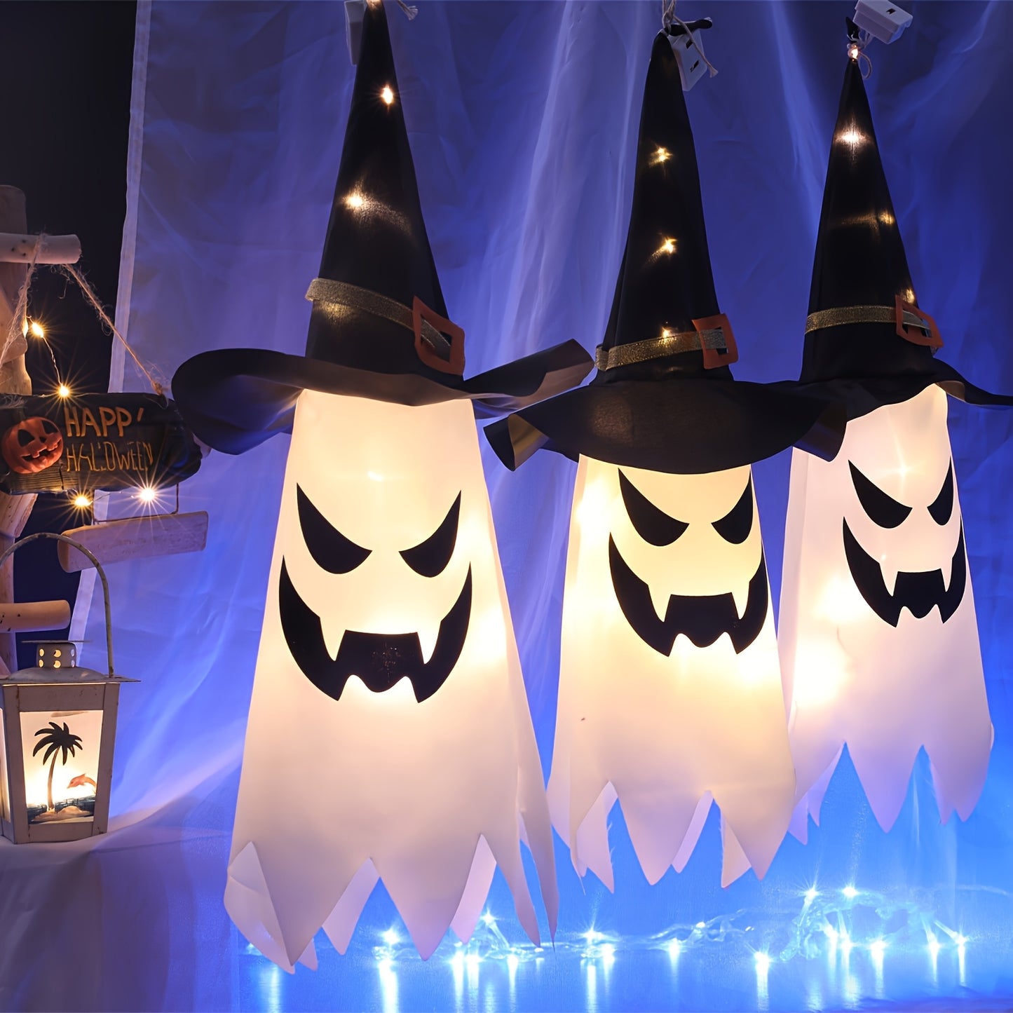 1/3pcs Set LED Indoor Glow with Witch Hat Lights - Holiday and Halloween Decor, White, Hanging, Foldable, Button Control, Removable Lamp, Battery Powered by Coin Cell (Coin Cells Included), with 3 Flashing Modes, Suitable for
