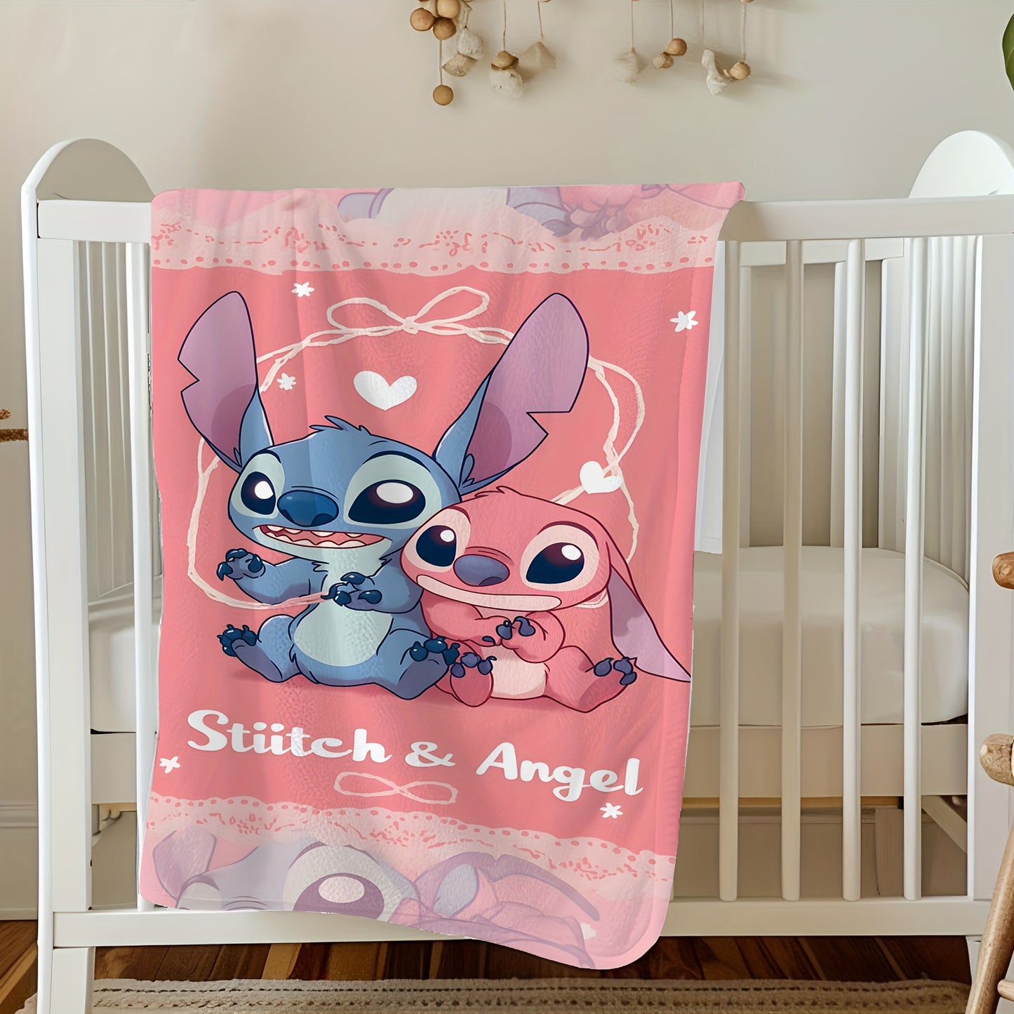 Stitch & Angel Official Stitch-Themed Plush Fleece Blanket - Soft Flannel All-Season Bedspread with Stitch & Stitch Hearts Design, Machine Washable for Bed, Couch, or Floor - Perfect Gift for Fans, Birthday or Housewarming, O