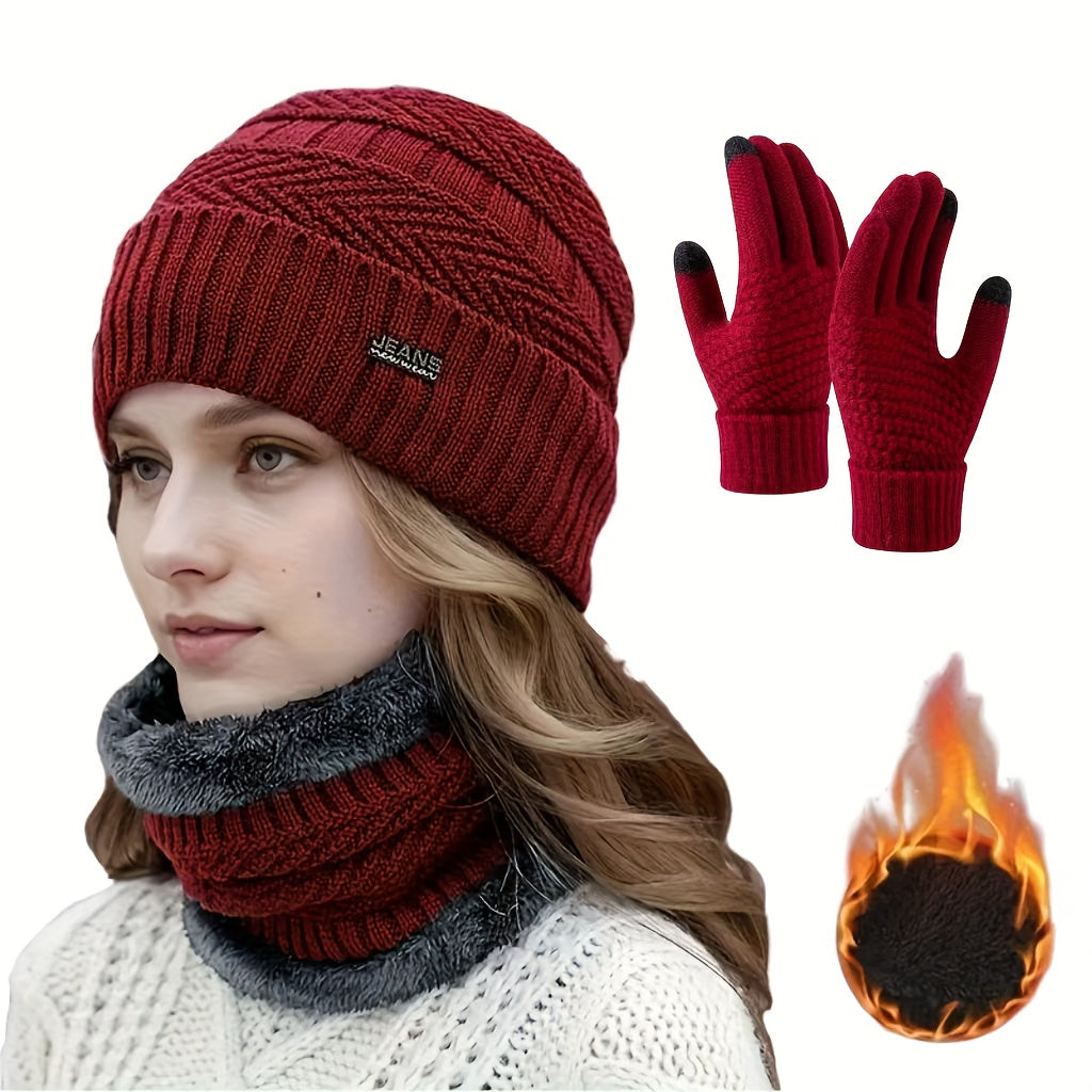 3pcs Women's Winter Warmth Set - Full Face & Neck Coverage Thermal Outfit with Hat, Neck Warmer & Gloves - Open/Closeable Design, Fleece Lining & Ribbed Texture - Skiing, Cycling, Outdoor Activities - Hand Washable - Black/Gr