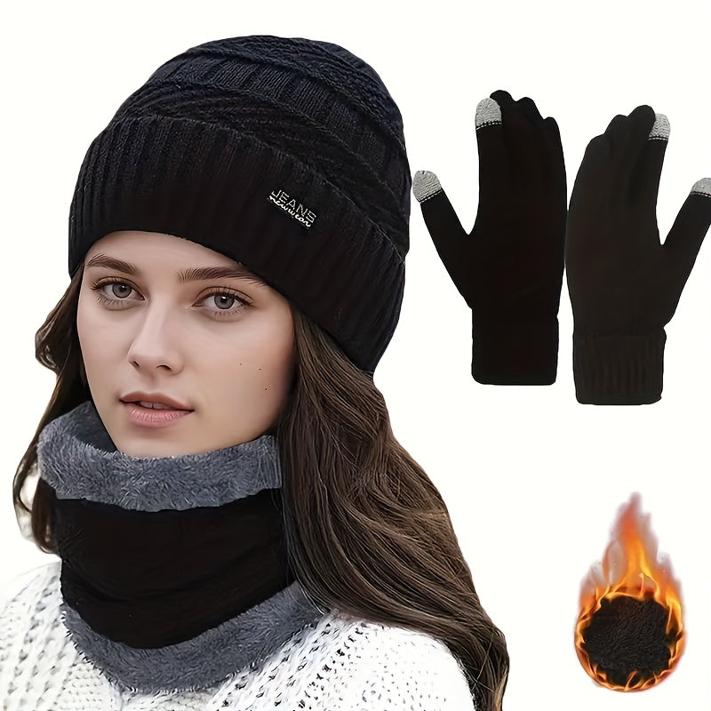 3pcs Women's Winter Warmth Set - Full Face & Neck Coverage Thermal Outfit with Hat, Neck Warmer & Gloves - Open/Closeable Design, Fleece Lining & Ribbed Texture - Skiing, Cycling, Outdoor Activities - Hand Washable - Black/Gr