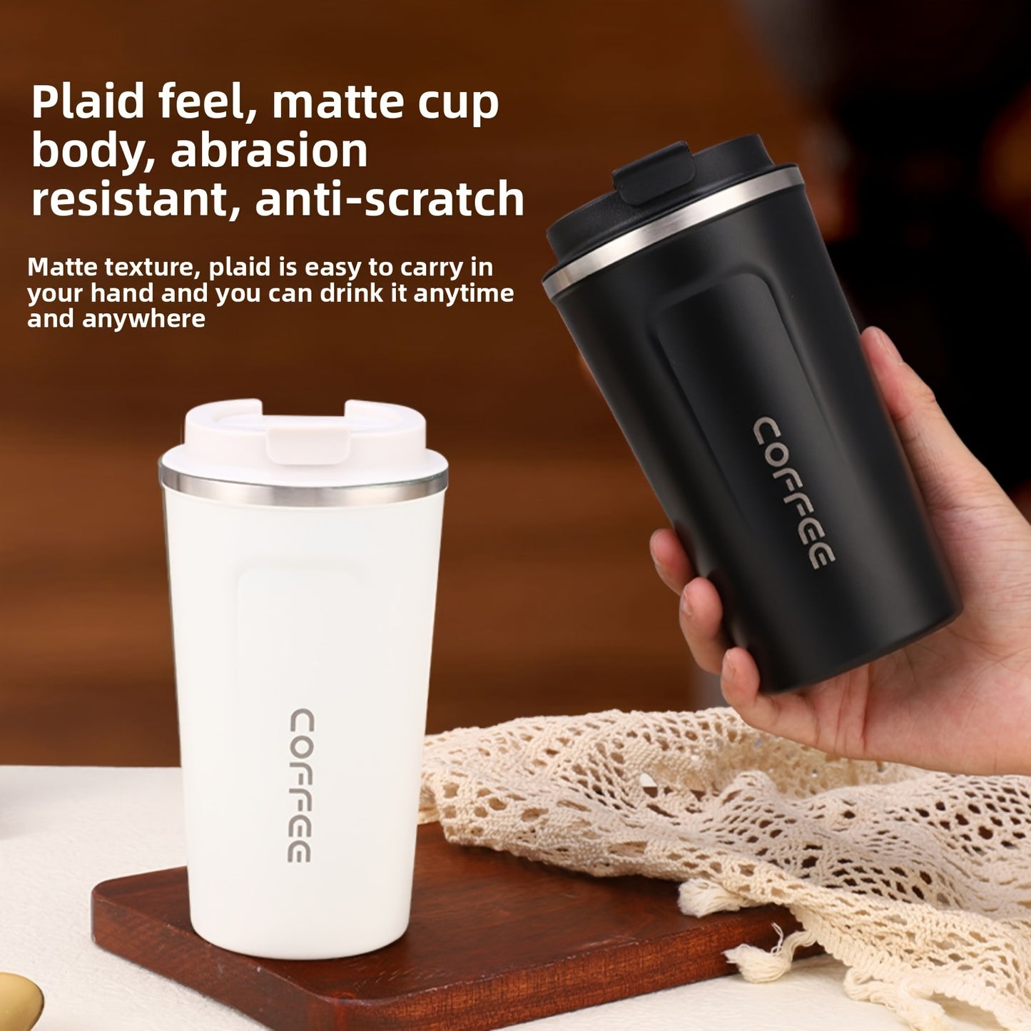 Vacuum Insulated Coffee Insulated - Double-Wall Stainless Steel Leakproof Insulated Flask, 304 Grade Reusable Travel Mug with Lid Lock, 24H Hot/Cold Retention for Coffee, Tea, Drinks - Black/White, Gift for Coffee & Tea Lover
