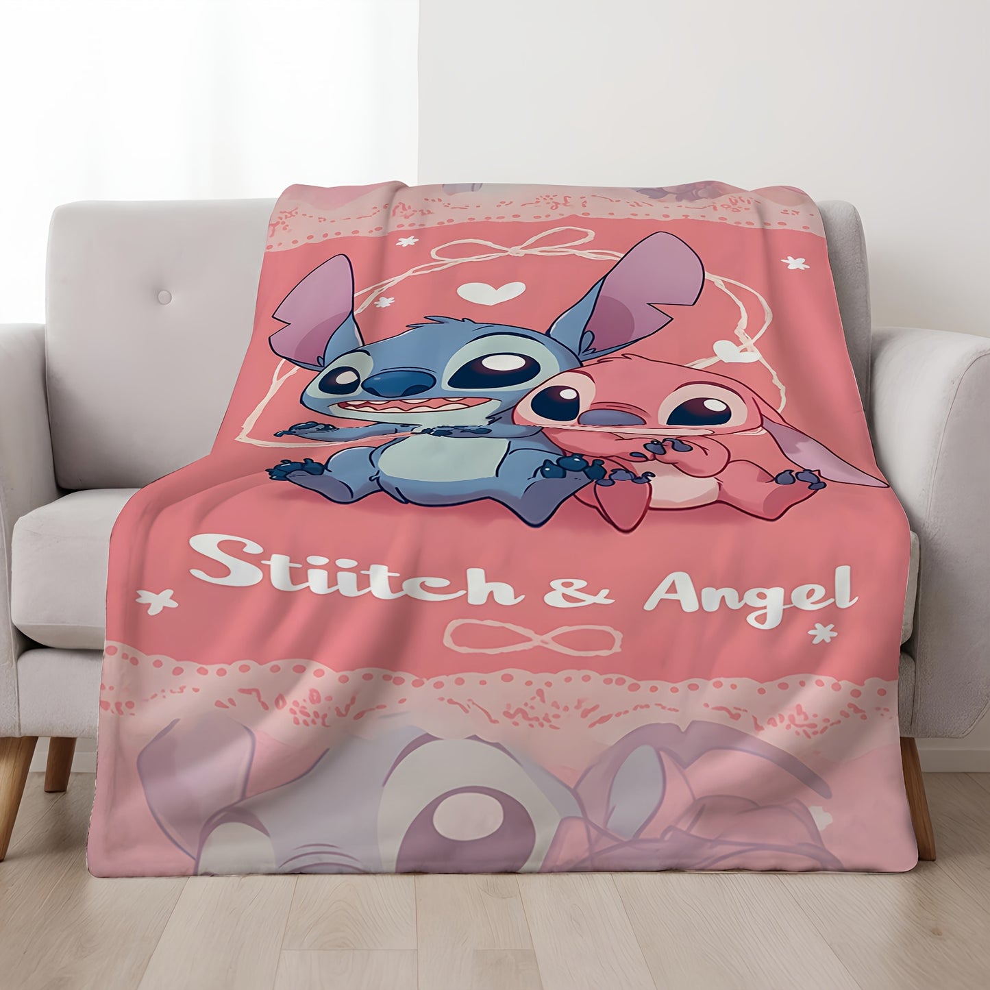 Stitch & Angel Official Stitch-Themed Plush Fleece Blanket - Soft Flannel All-Season Bedspread with Stitch & Stitch Hearts Design, Machine Washable for Bed, Couch, or Floor - Perfect Gift for Fans, Birthday or Housewarming, O