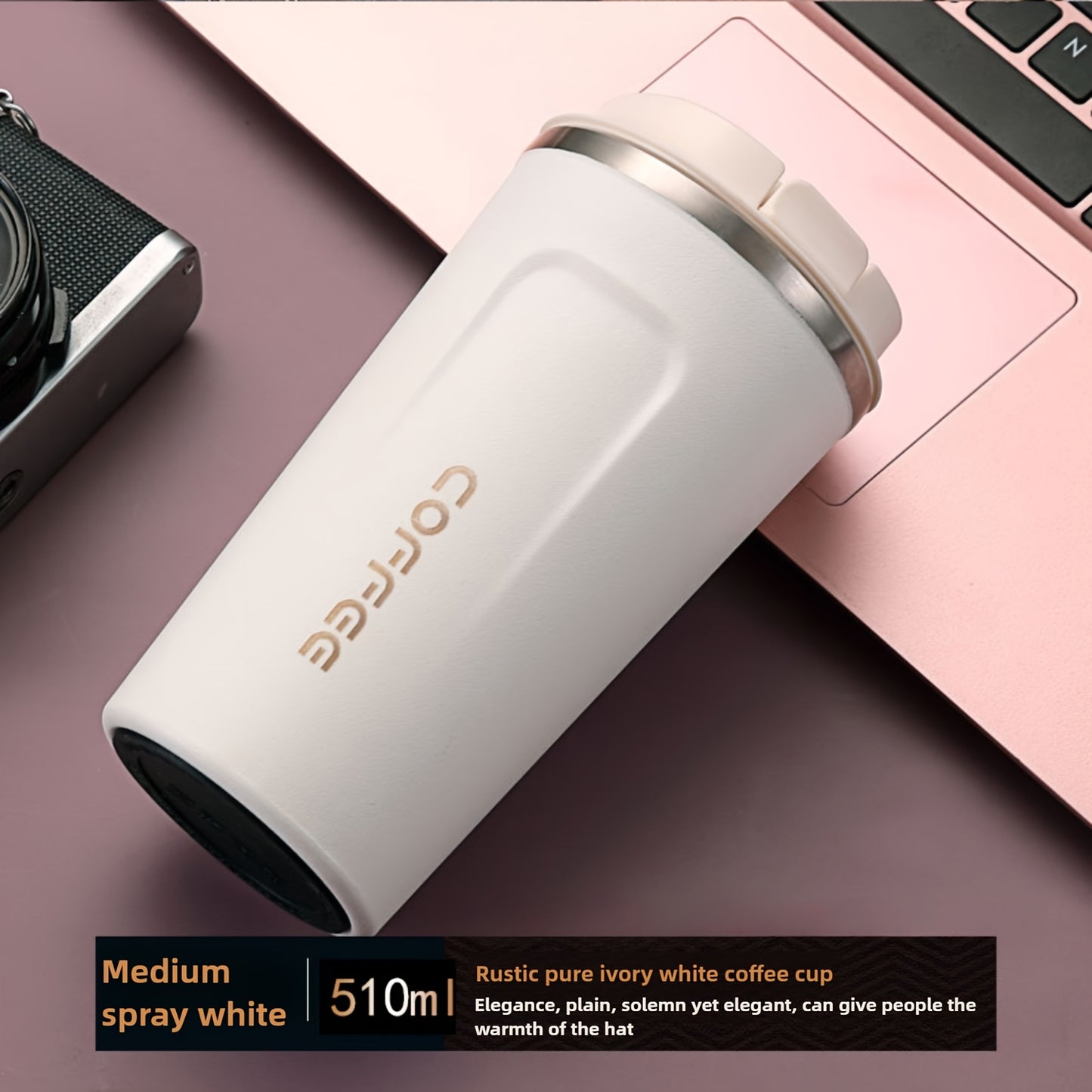Vacuum Insulated Coffee Insulated - Double-Wall Stainless Steel Leakproof Insulated Flask, 304 Grade Reusable Travel Mug with Lid Lock, 24H Hot/Cold Retention for Coffee, Tea, Drinks - Black/White, Gift for Coffee & Tea Lover