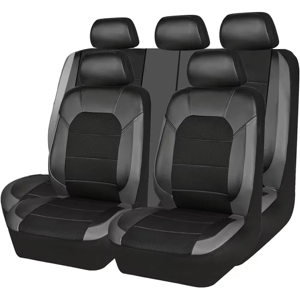 Deluxe 9-Piece Quilted Faux Leather Car Seat Covers - All-Season Comfort (Sponge-Padded), Universal Fit for 5-Seat Vehicles
