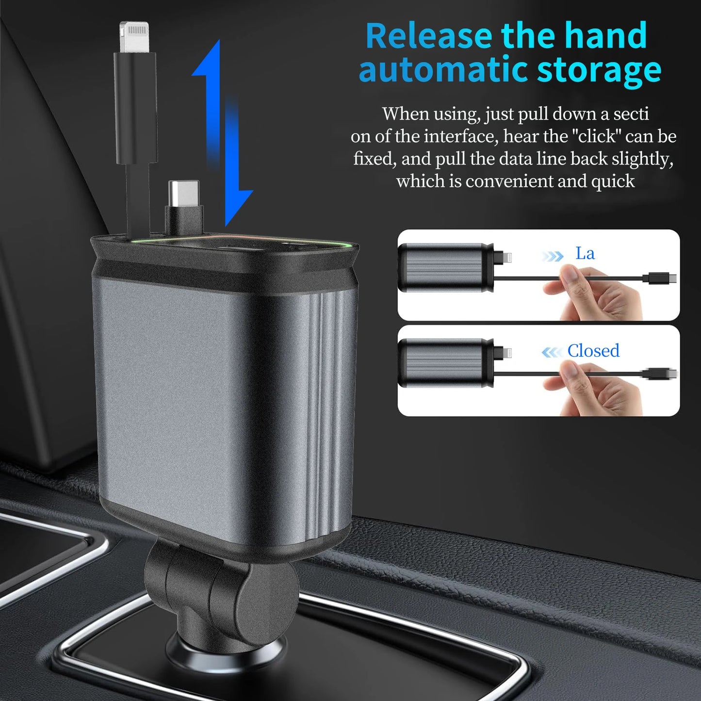 4 in 1 Car Charger with Retractable Cable Atmosphere Lamp Star Top Light 120W Adapter Car Phone Charger USB Type-C Ports 12-24V