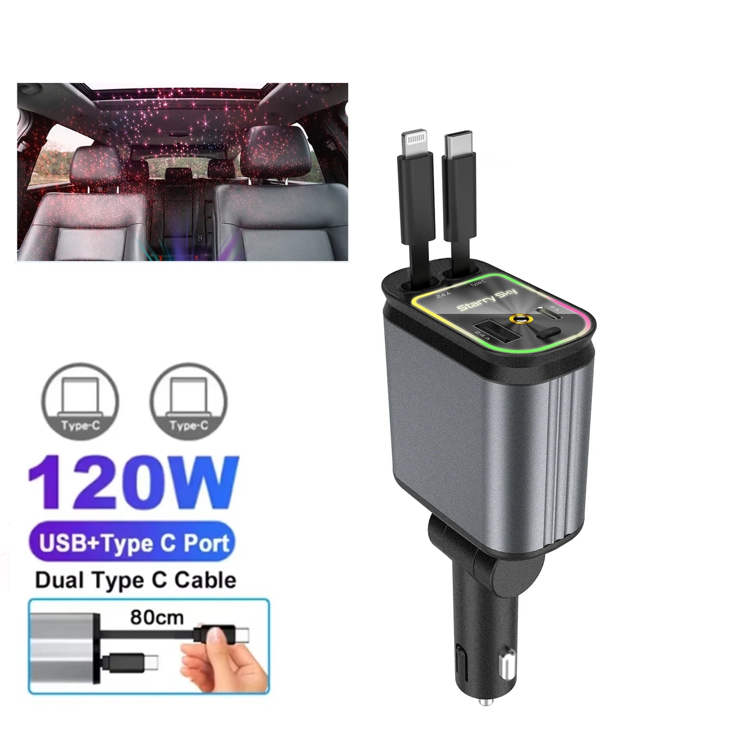 4 in 1 Car Charger with Retractable Cable Atmosphere Lamp Star Top Light 120W Adapter Car Phone Charger USB Type-C Ports 12-24V