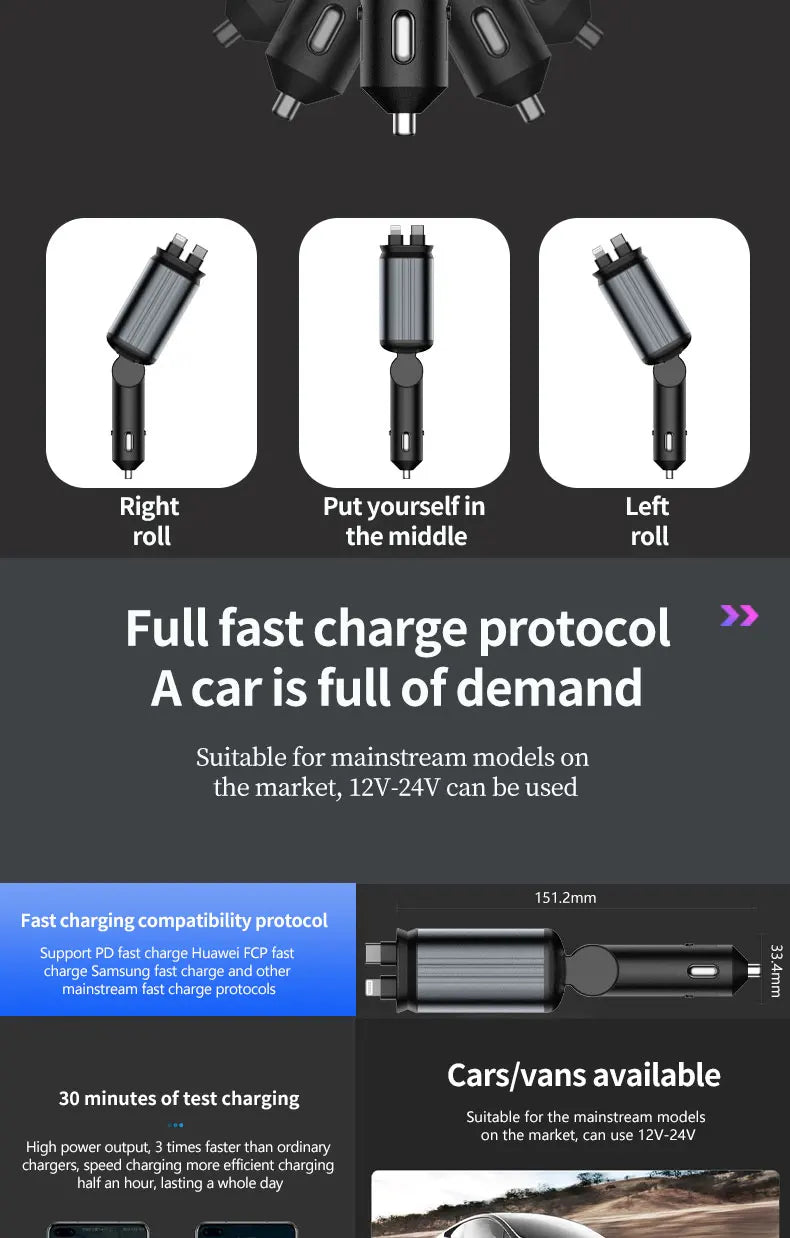 4 in 1 Car Charger with Retractable Cable Atmosphere Lamp Star Top Light 120W Adapter Car Phone Charger USB Type-C Ports 12-24V