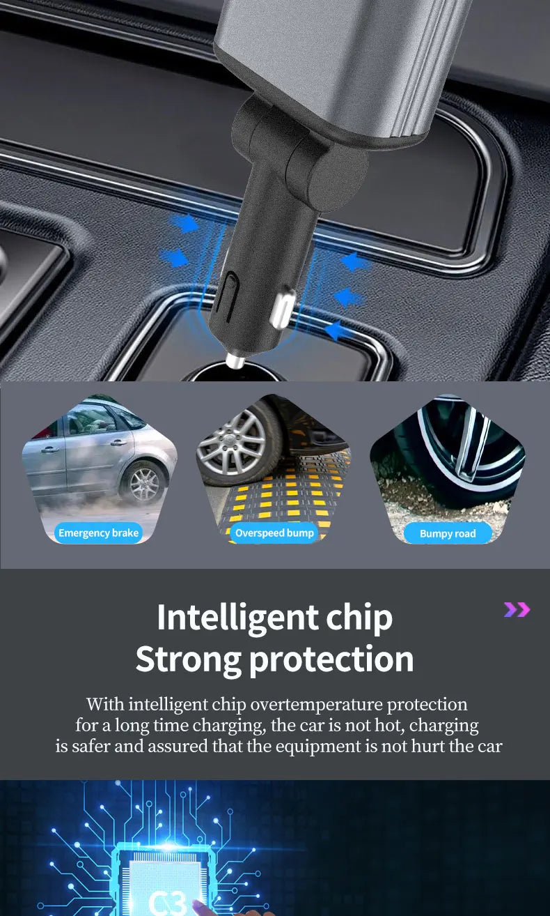 4 in 1 Car Charger with Retractable Cable Atmosphere Lamp Star Top Light 120W Adapter Car Phone Charger USB Type-C Ports 12-24V