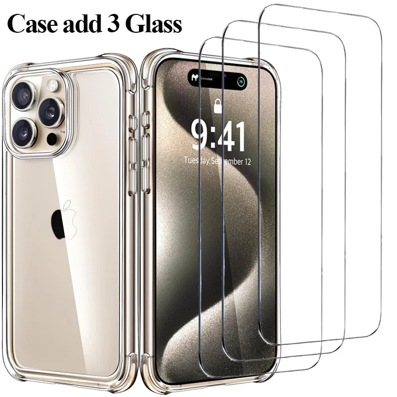 Armor 9H Glass + Case for iphone 11 12 13 14 15 16 pro silicone cover iphone 15 pro max screen protector shockproof clear cases