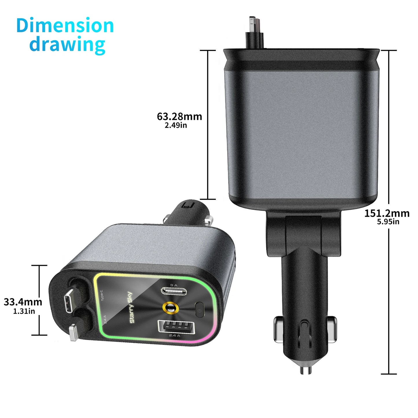 4 in 1 Car Charger with Retractable Cable Atmosphere Lamp Star Top Light 120W Adapter Car Phone Charger USB Type-C Ports 12-24V