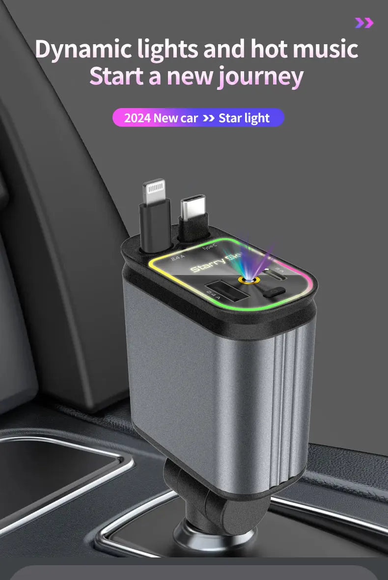 4 in 1 Car Charger with Retractable Cable Atmosphere Lamp Star Top Light 120W Adapter Car Phone Charger USB Type-C Ports 12-24V