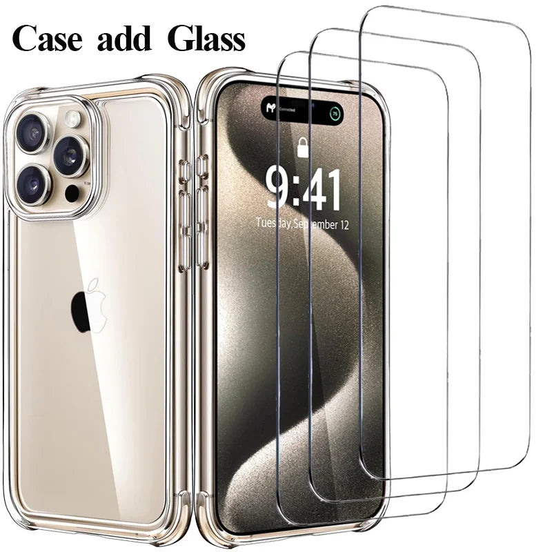 Armor 9H Glass + Case for iphone 11 12 13 14 15 16 pro silicone cover iphone 15 pro max screen protector shockproof clear cases