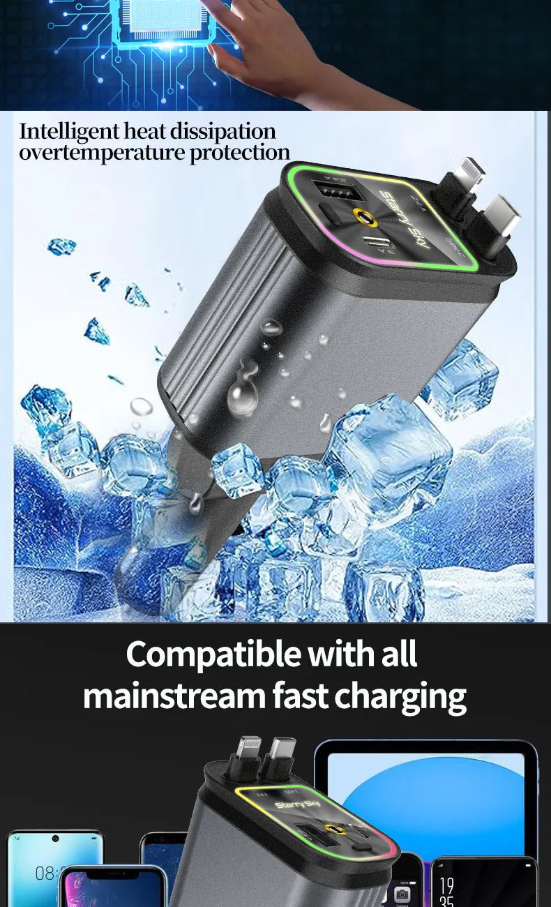 4 in 1 Car Charger with Retractable Cable Atmosphere Lamp Star Top Light 120W Adapter Car Phone Charger USB Type-C Ports 12-24V