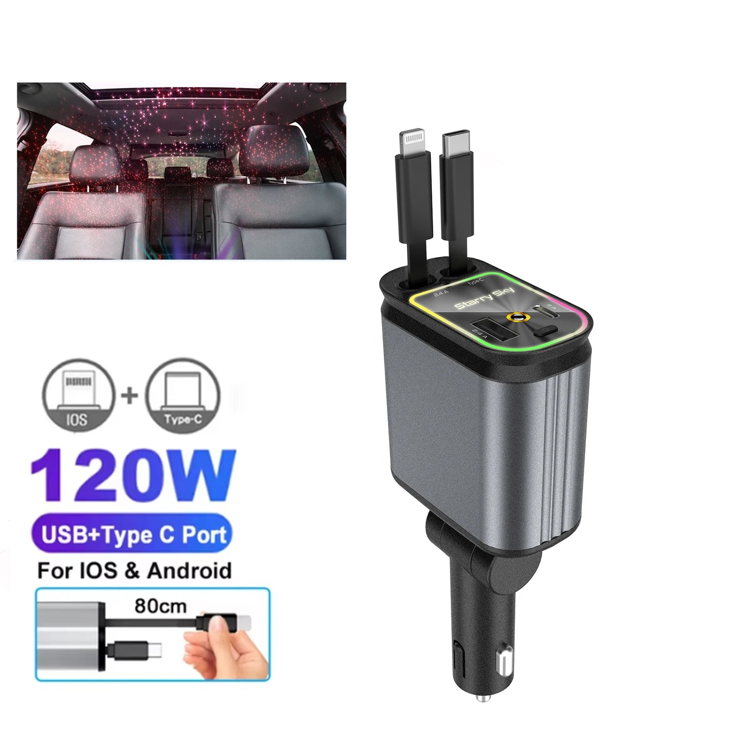 4 in 1 Car Charger with Retractable Cable Atmosphere Lamp Star Top Light 120W Adapter Car Phone Charger USB Type-C Ports 12-24V