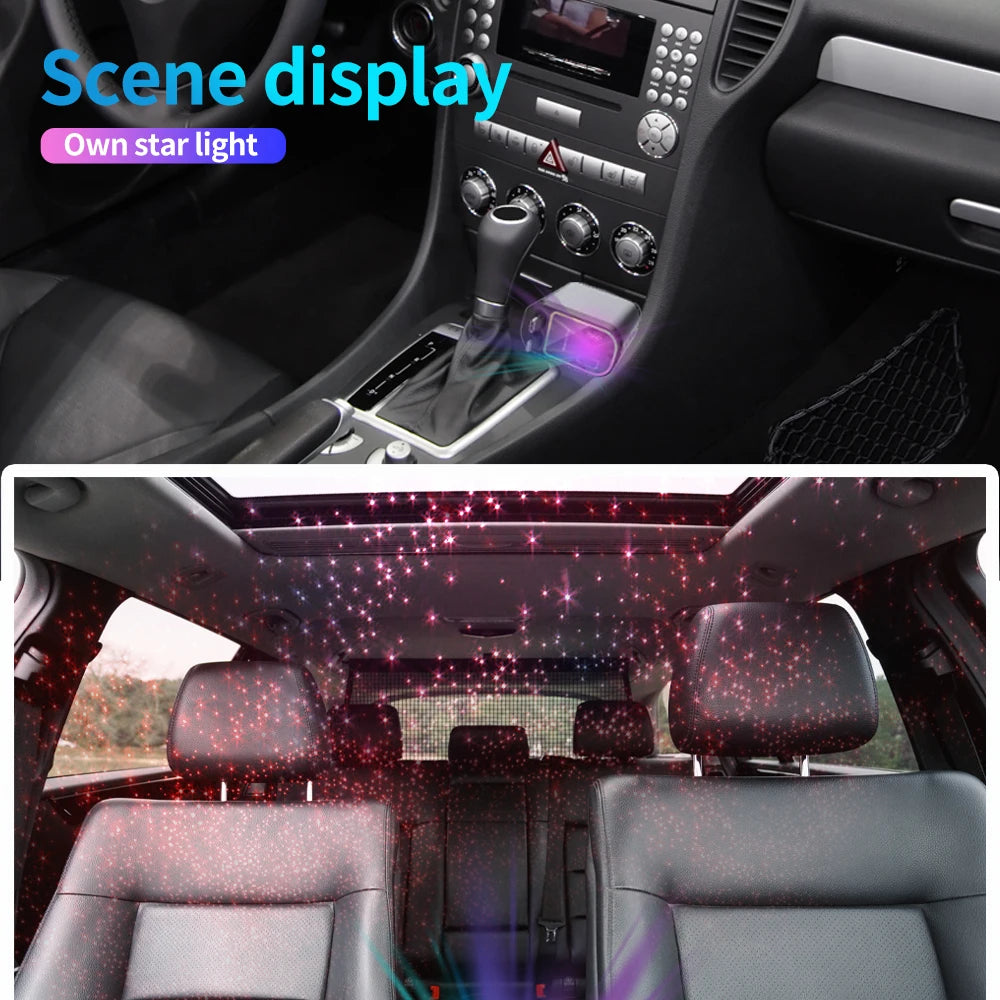 4 in 1 Car Charger with Retractable Cable Atmosphere Lamp Star Top Light 120W Adapter Car Phone Charger USB Type-C Ports 12-24V
