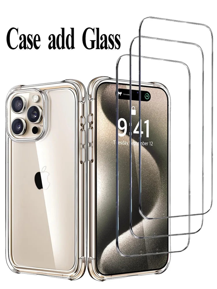Armor 9H Glass + Case for iphone 11 12 13 14 15 16 pro silicone cover iphone 15 pro max screen protector shockproof clear cases