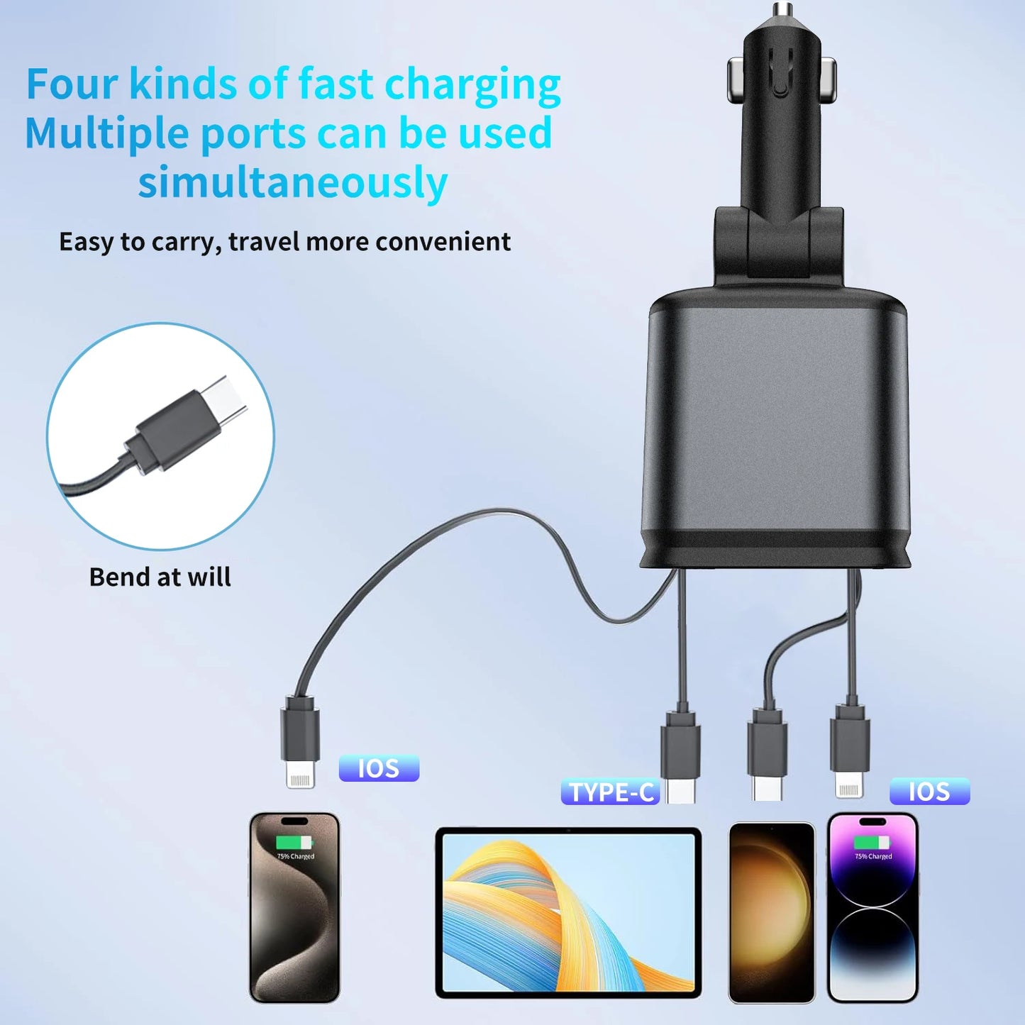 4 in 1 Car Charger with Retractable Cable Atmosphere Lamp Star Top Light 120W Adapter Car Phone Charger USB Type-C Ports 12-24V
