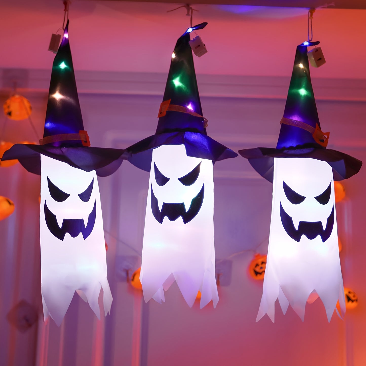 1/3pcs Set LED Indoor Glow with Witch Hat Lights - Holiday and Halloween Decor, White, Hanging, Foldable, Button Control, Removable Lamp, Battery Powered by Coin Cell (Coin Cells Included), with 3 Flashing Modes, Suitable for