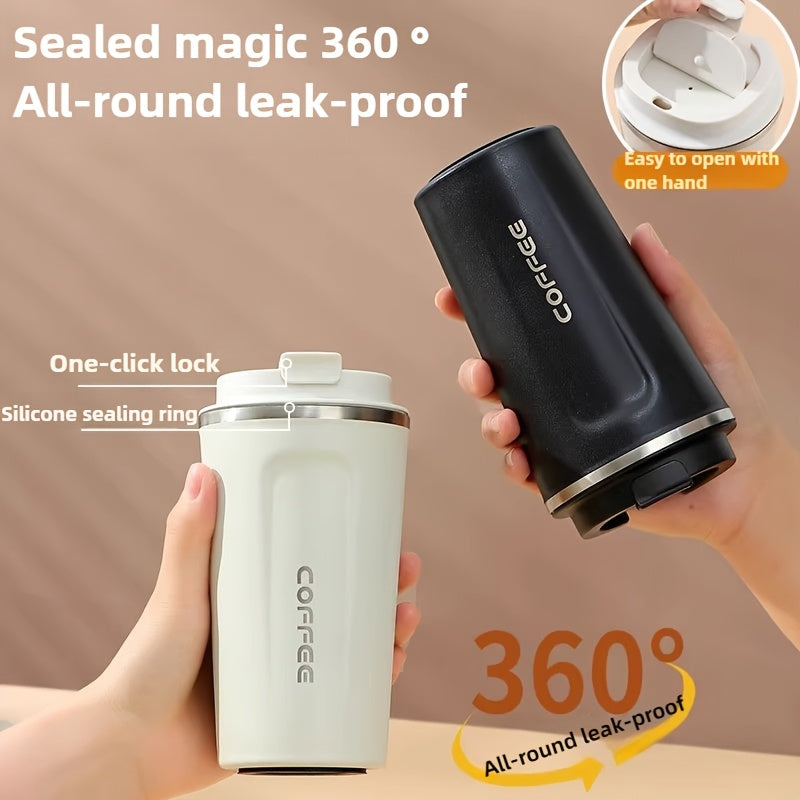Vacuum Insulated Coffee Insulated - Double-Wall Stainless Steel Leakproof Insulated Flask, 304 Grade Reusable Travel Mug with Lid Lock, 24H Hot/Cold Retention for Coffee, Tea, Drinks - Black/White, Gift for Coffee & Tea Lover