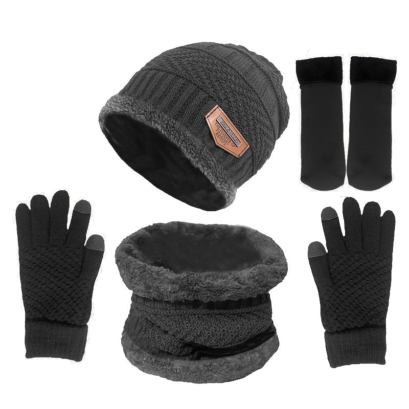 4pcs Set Men Winter Hat Scarf Gloves Socks Set Warm Women Beanie Hats Neck Warmer Non Slip Gloves