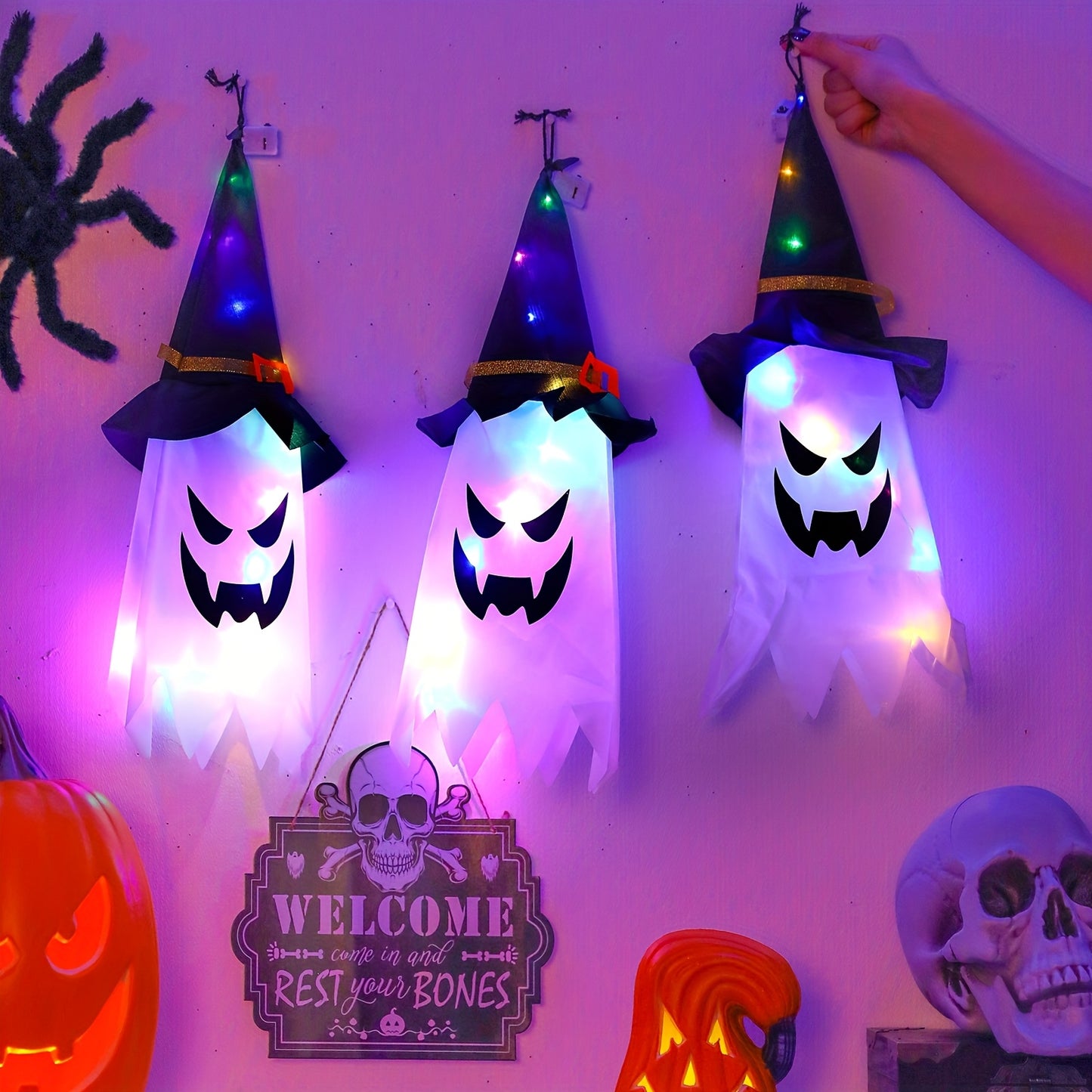 1/3pcs Set LED Indoor Glow with Witch Hat Lights - Holiday and Halloween Decor, White, Hanging, Foldable, Button Control, Removable Lamp, Battery Powered by Coin Cell (Coin Cells Included), with 3 Flashing Modes, Suitable for