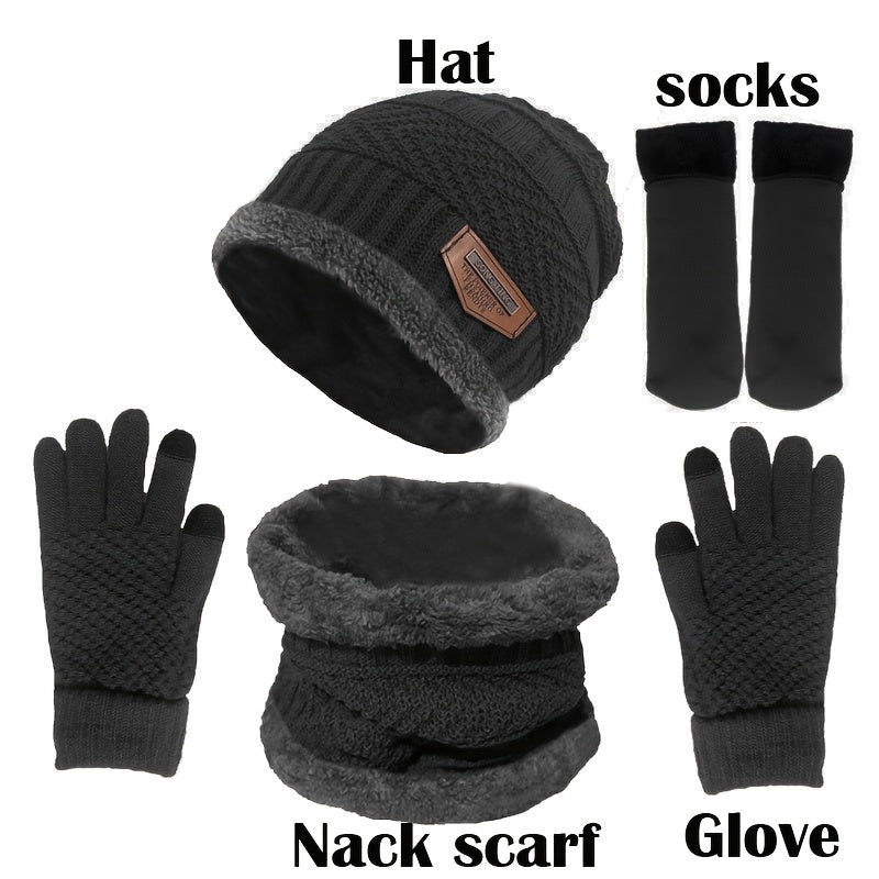 4pcs Set Men Winter Hat Scarf Gloves Socks Set Warm Women Beanie Hats Neck Warmer Non Slip Gloves