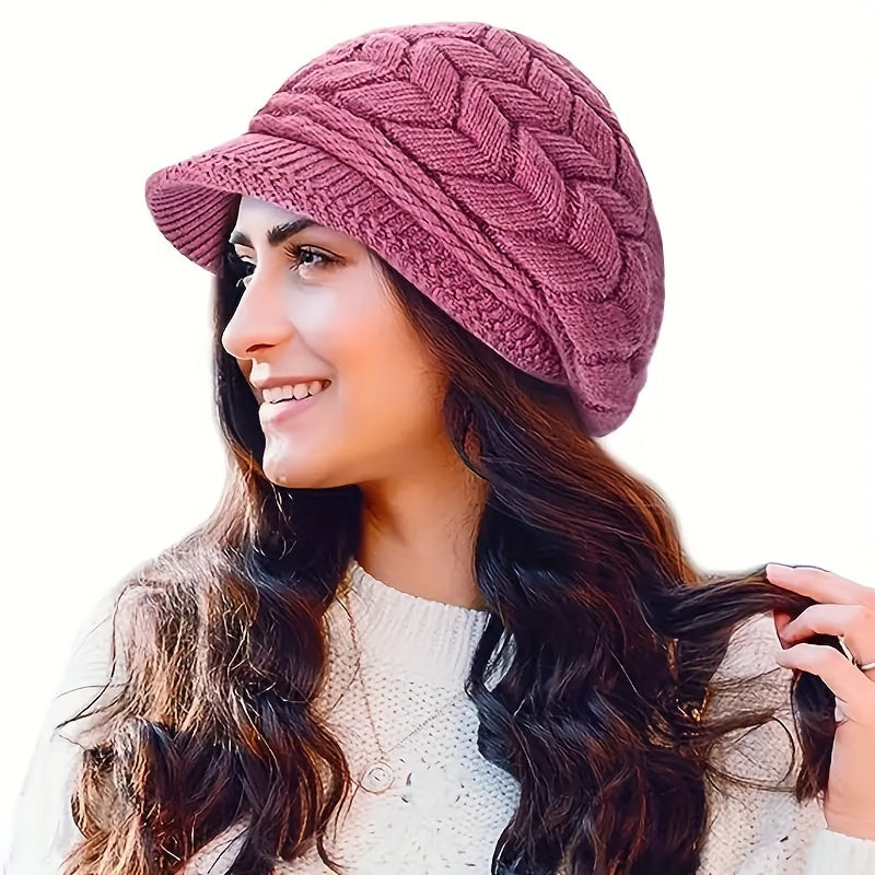 Women's Fashion Knit Beret Cap - Cozy Polyester Warm Beret with Fleece Lining for New Year, Solid Color, Lightweight, Urban Theme with Toggle Closure, Knit Fabric Weaving, Perfect for Streetwear, Cycling, and Social Gathering