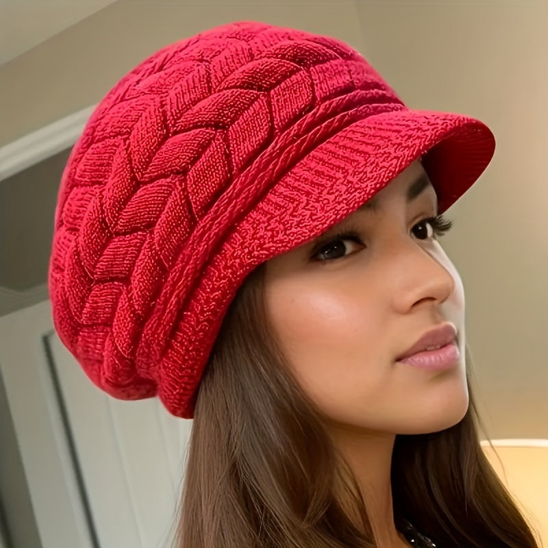 Women's Fashion Knit Beret Cap - Cozy Polyester Warm Beret with Fleece Lining for New Year, Solid Color, Lightweight, Urban Theme with Toggle Closure, Knit Fabric Weaving, Perfect for Streetwear, Cycling, and Social Gathering