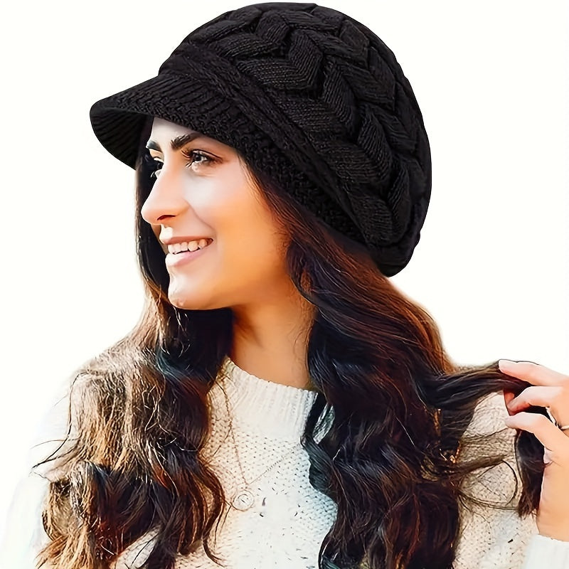 Women's Fashion Knit Beret Cap - Cozy Polyester Warm Beret with Fleece Lining for New Year, Solid Color, Lightweight, Urban Theme with Toggle Closure, Knit Fabric Weaving, Perfect for Streetwear, Cycling, and Social Gathering