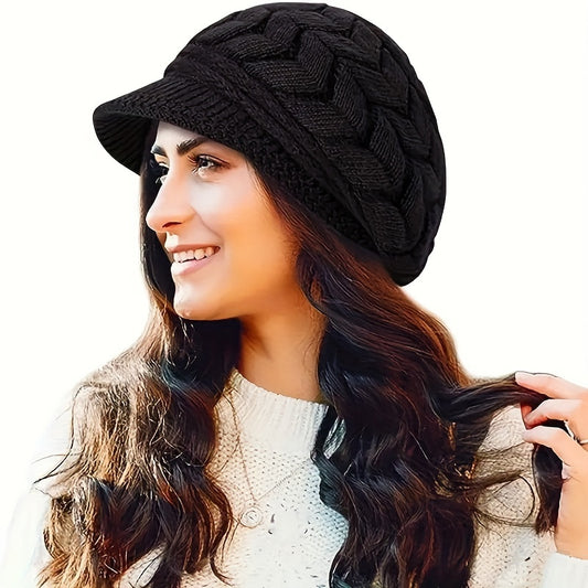 Women's Fashion Knit Beret Cap - Cozy Polyester Warm Beret with Fleece Lining for New Year, Solid Color, Lightweight, Urban Theme with Toggle Closure, Knit Fabric Weaving, Perfect for Streetwear, Cycling, and Social Gathering