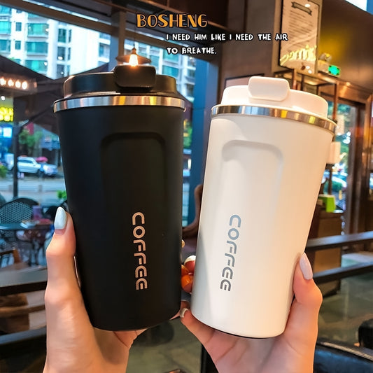 Vacuum Insulated Coffee Insulated - Double-Wall Stainless Steel Leakproof Insulated Flask, 304 Grade Reusable Travel Mug with Lid Lock, 24H Hot/Cold Retention for Coffee, Tea, Drinks - Black/White, Gift for Coffee & Tea Lover