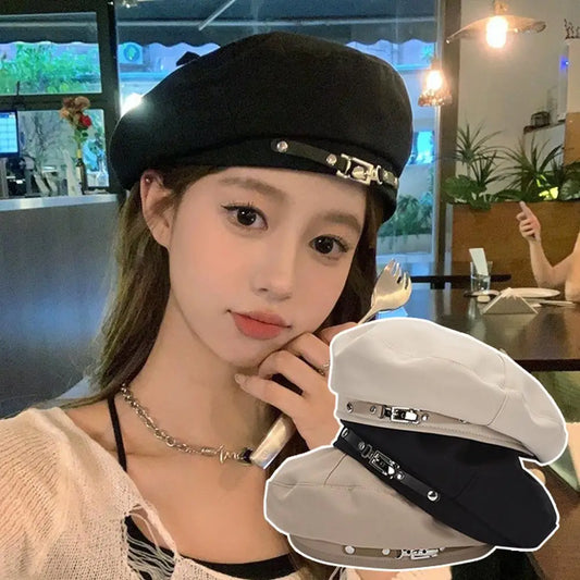 Retro Metal Buckle Beret Women British Casual Painter Hat Solid Color Brimless Hat Vintage Chic Dress?hat Sun Protection Hat New
