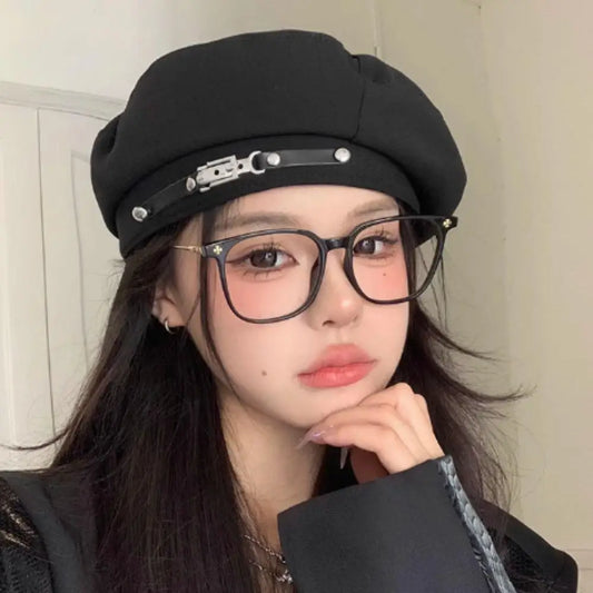 Retro Metal Buckle Beret Women British Casual Painter Hat Solid Color Brimless Hat Vintage Chic Dress?hat Sun Protection Hat New