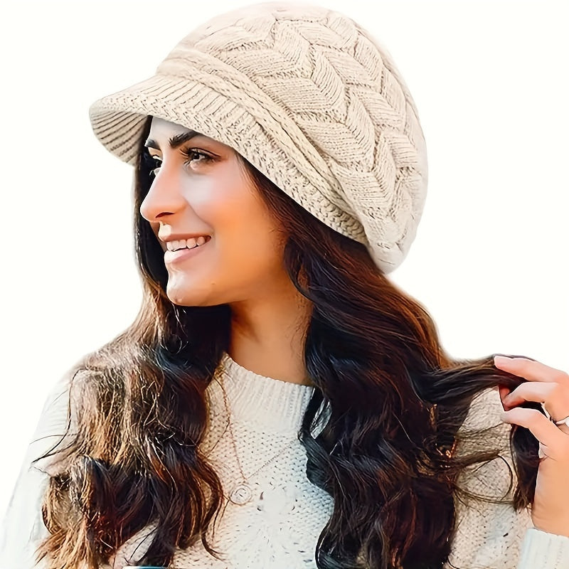 Women's Fashion Knit Beret Cap - Cozy Polyester Warm Beret with Fleece Lining for New Year, Solid Color, Lightweight, Urban Theme with Toggle Closure, Knit Fabric Weaving, Perfect for Streetwear, Cycling, and Social Gathering