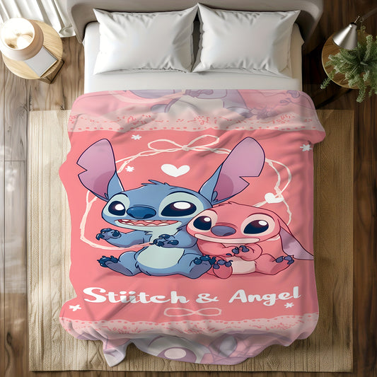 Stitch & Angel Official Stitch-Themed Plush Fleece Blanket - Soft Flannel All-Season Bedspread with Stitch & Stitch Hearts Design, Machine Washable for Bed, Couch, or Floor - Perfect Gift for Fans, Birthday or Housewarming, O