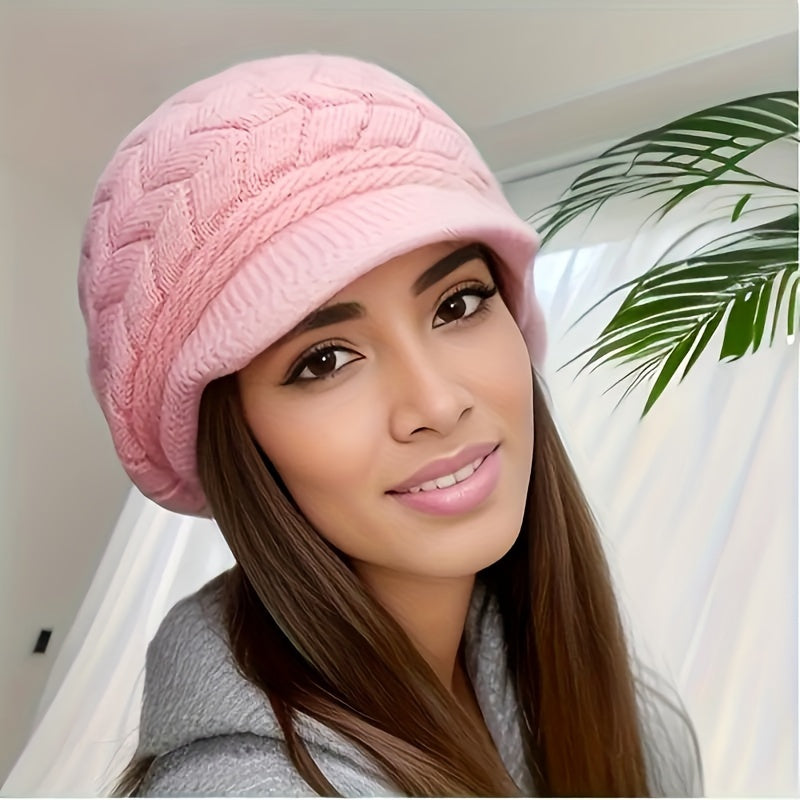 Women's Fashion Knit Beret Cap - Cozy Polyester Warm Beret with Fleece Lining for New Year, Solid Color, Lightweight, Urban Theme with Toggle Closure, Knit Fabric Weaving, Perfect for Streetwear, Cycling, and Social Gathering