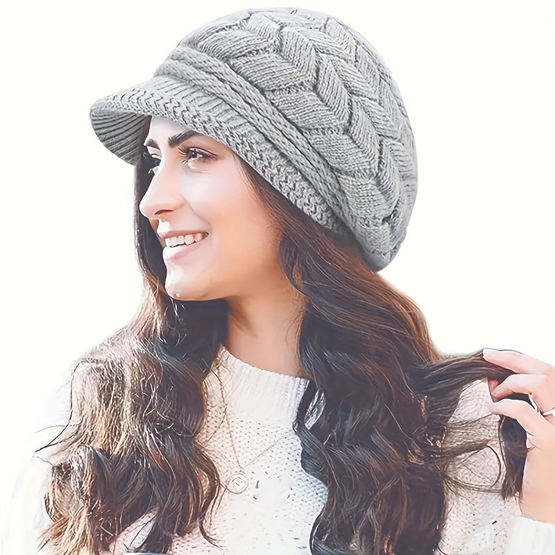 Women's Fashion Knit Beret Cap - Cozy Polyester Warm Beret with Fleece Lining for New Year, Solid Color, Lightweight, Urban Theme with Toggle Closure, Knit Fabric Weaving, Perfect for Streetwear, Cycling, and Social Gathering