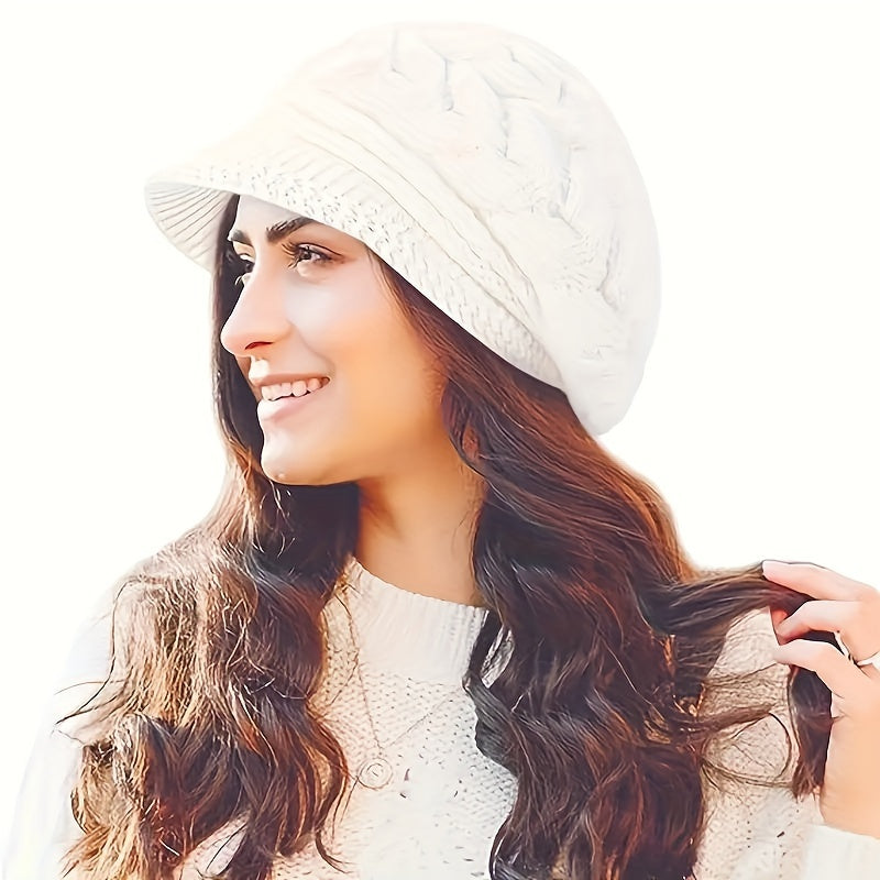 Women's Fashion Knit Beret Cap - Cozy Polyester Warm Beret with Fleece Lining for New Year, Solid Color, Lightweight, Urban Theme with Toggle Closure, Knit Fabric Weaving, Perfect for Streetwear, Cycling, and Social Gathering